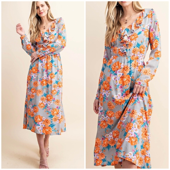 Boho Chic Slate Gray Floral Flowy Long Sleeves Midi Dress - Picture 7 of 7